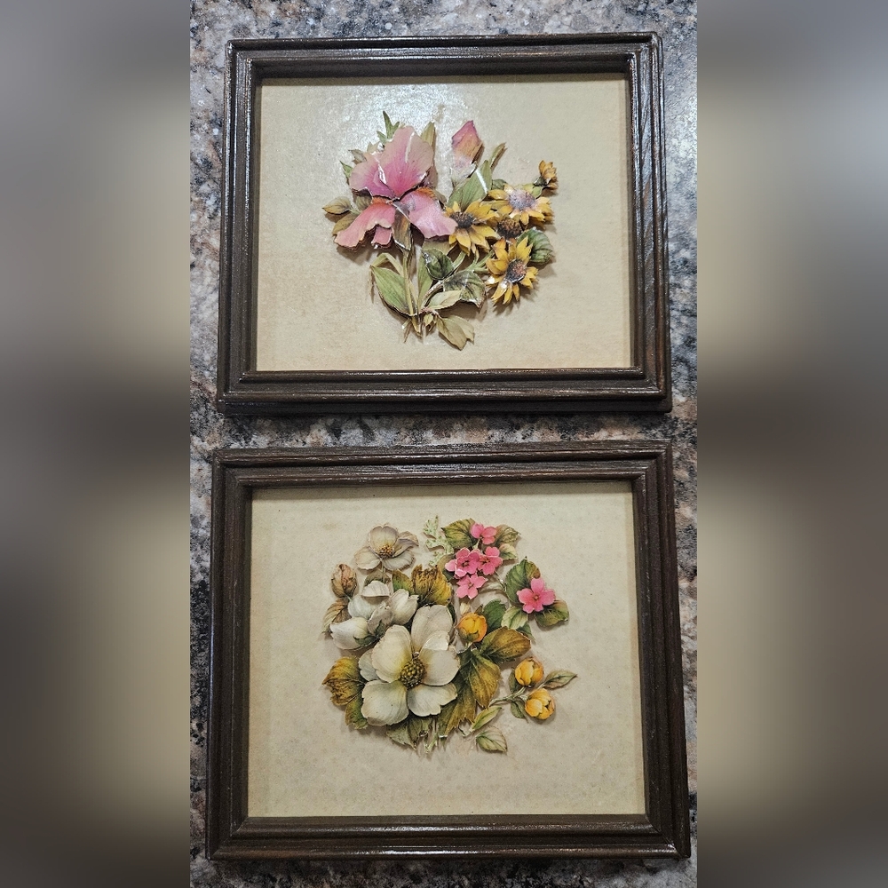 Sweet Little Pair of Vintage 3D Paper Flowers Wall Art
